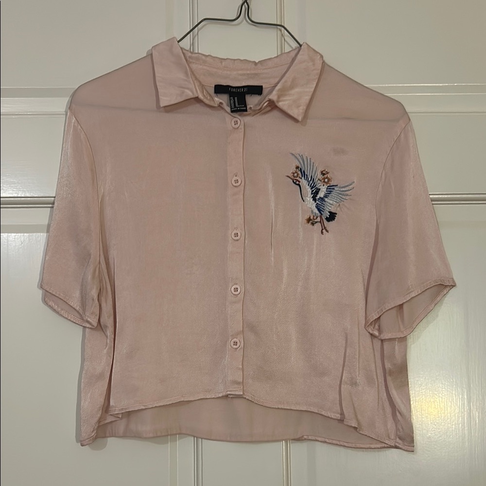 Forever 21 Light Pink Silk Satin Bird Embroidered Button Down Crop Top Shirt